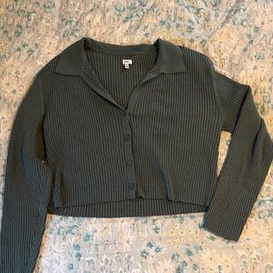 Aerie Olive Green Ribbed Button-Up Cropped Cardigan